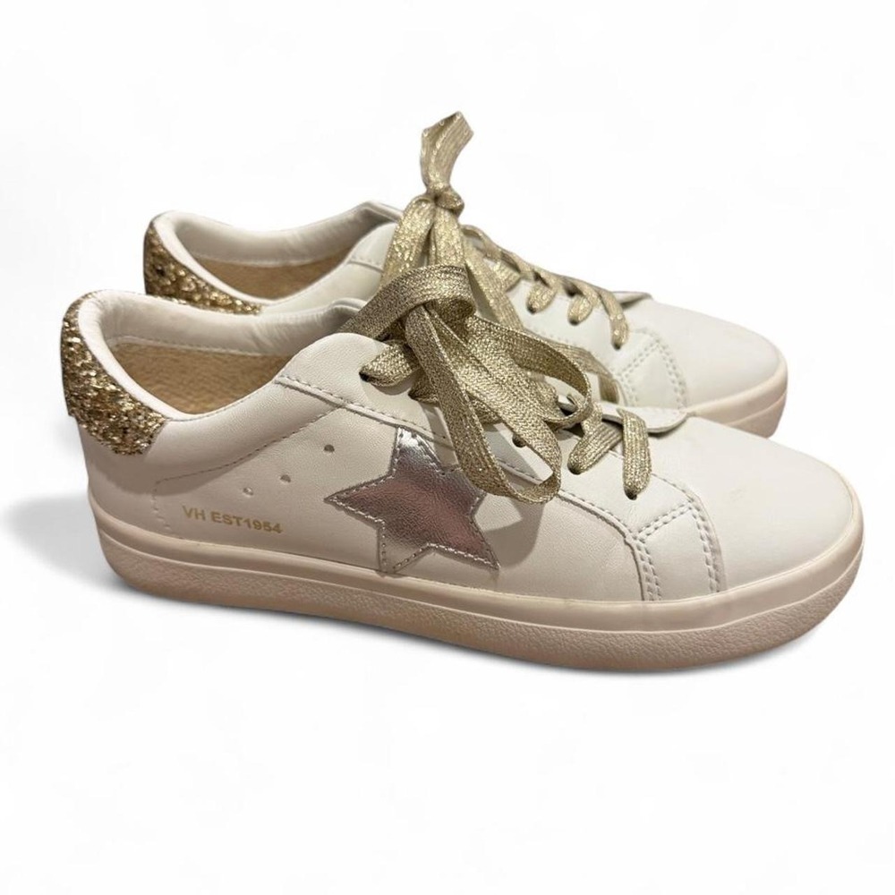 Vintage Havana White Leather Star Sneakers Gold Glitter Heel Silver Star Size 6
